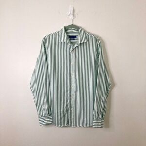 Biltmore Mens Green White Striped Button Down Shirt 100% Cotton M Long Sleeve